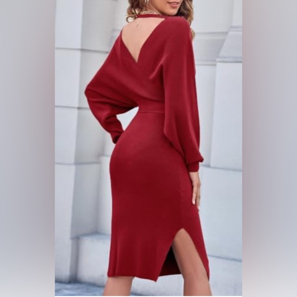 NWOT Chang Yun Sweater Wrap Batwing V Neck Slit Open Back Bodycon Dress